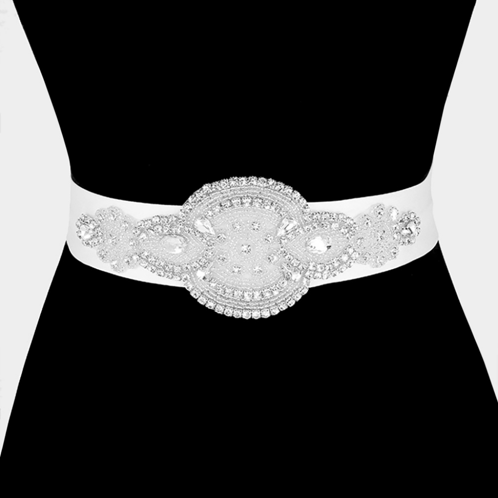 White Bridal Belt Pearl Crystal Sash Wedding Ribbon Rhinestone Silver Accessory